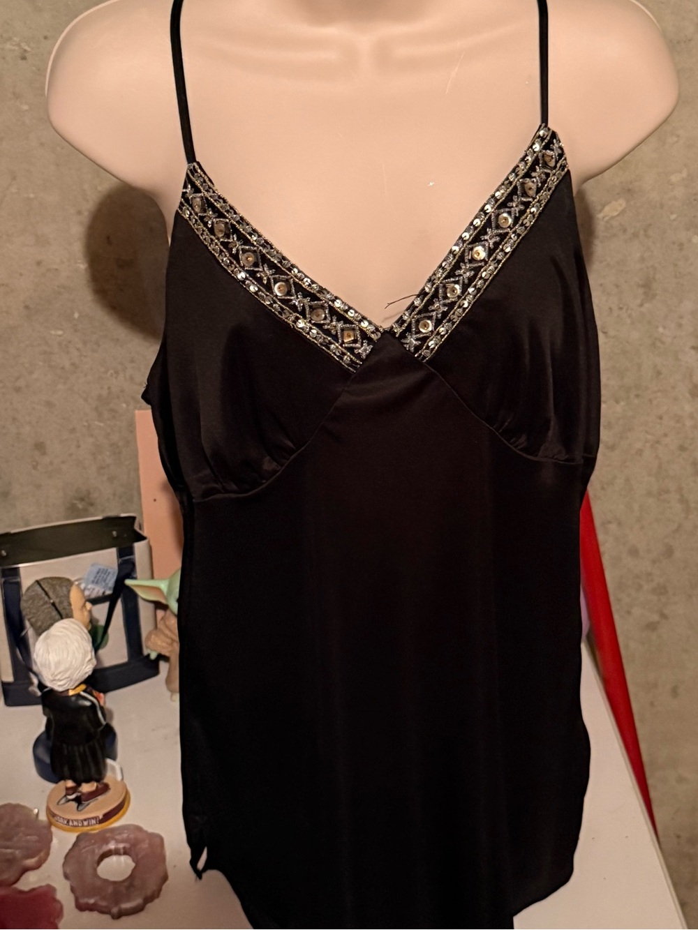 Xhilaration Black Satin Jeweled V-Neck Chemise